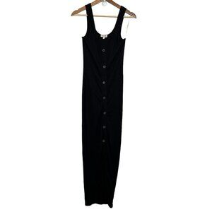 Heart & Hips Womens Size Medium Black Ribbed Midi Tank Dress Button Front Ruched